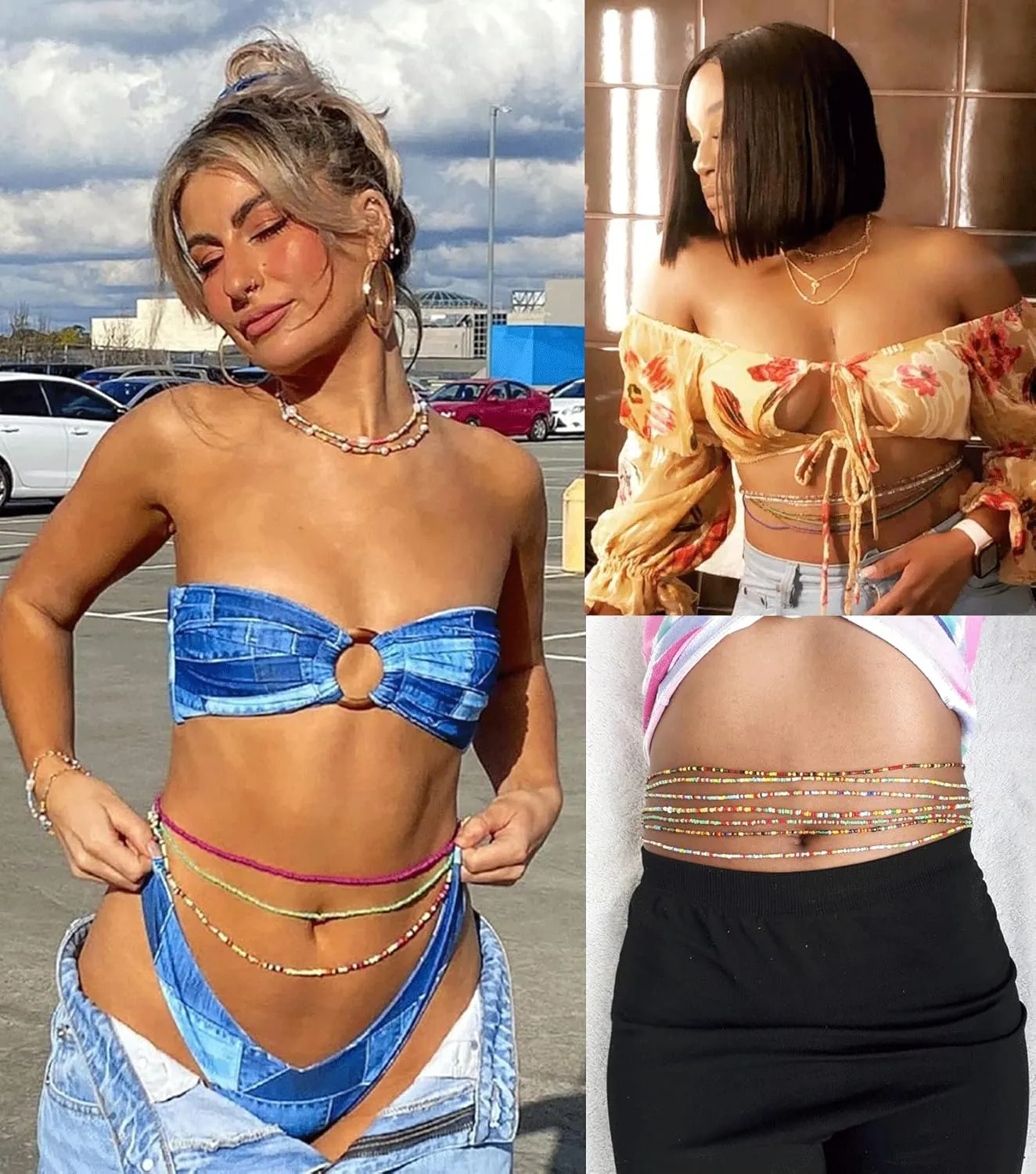 12PCS 24-70 Inches Plus Size Waist Beads Chains for Women Handmade African Belly Beads Layered Body Chain Beach Bikini Jewelry