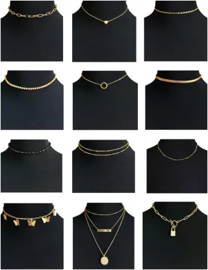 12pcs Chain Gold Bead Necklace Coin Moon Star Pearl Pendant Chain Choker Multilayer Necklace Leather Cord Set for Women Men Adjustable Gold Tone