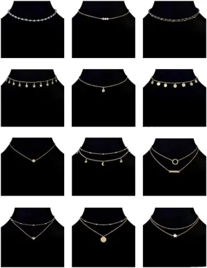 12pcs Chain Gold Bead Necklace Coin Moon Star Pearl Pendant Chain Choker Multilayer Necklace Leather Cord Set for Women Men Adjustable Gold Tone