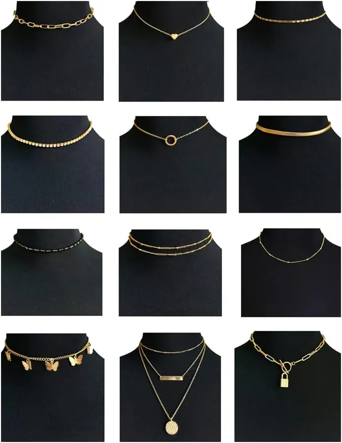 12pcs Chain Gold Bead Necklace Coin Moon Star Pearl Pendant Chain Choker Multilayer Necklace Leather Cord Set for Women Men Adjustable Gold Tone