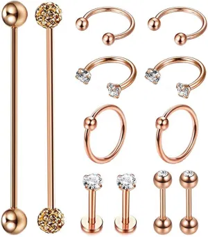 12Pcs Stainless Steel Industrial Barbell Cartilage Piercing Earrings for Women Men Hoop Helix Tragus Labret Piercing