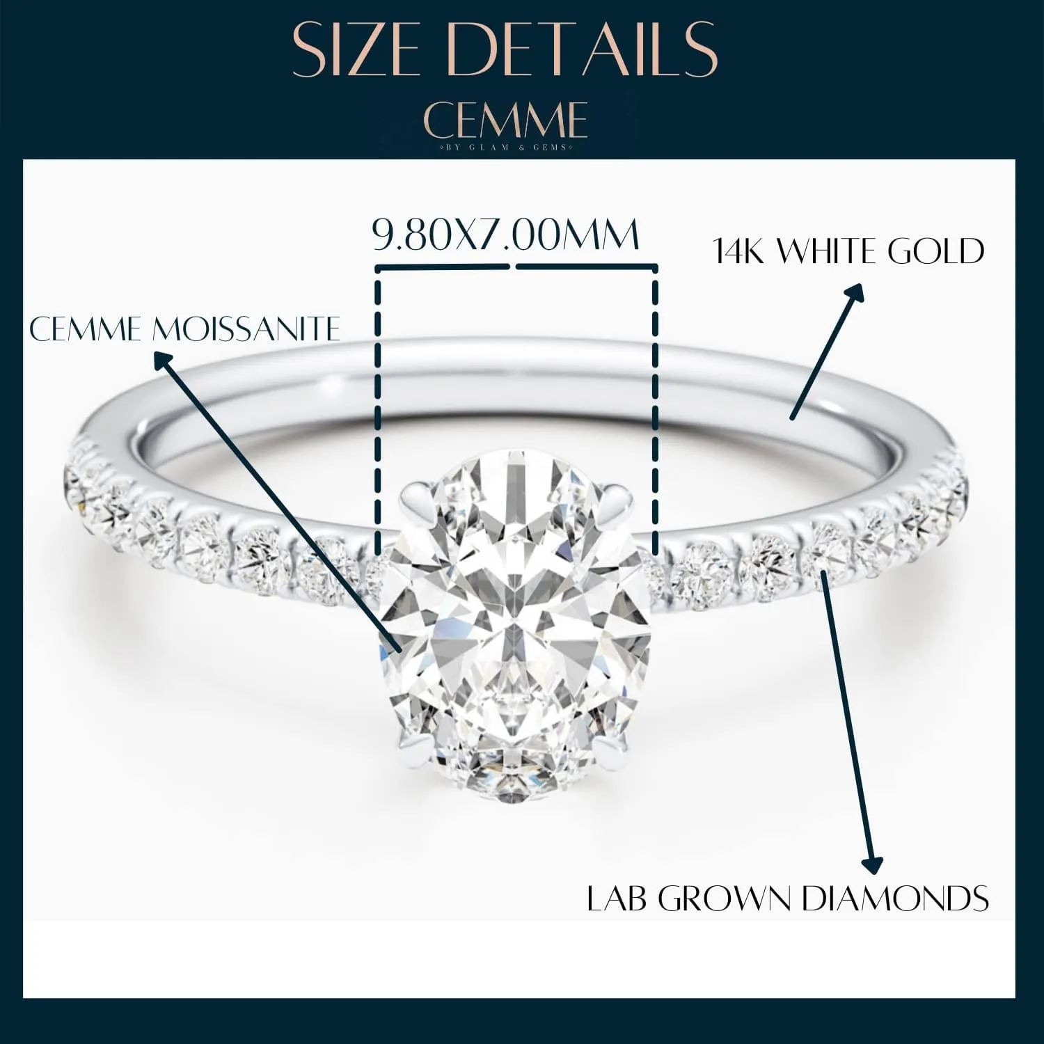 1/4 Carat Lab Grown Diamond and 2 1/3 Carat Oval Cut Moissanite Engagement Ring for Women in 14k White or Rose Gold (G-H, VS, cttw) Anniversary Promise Ring Size 5.5 to 7