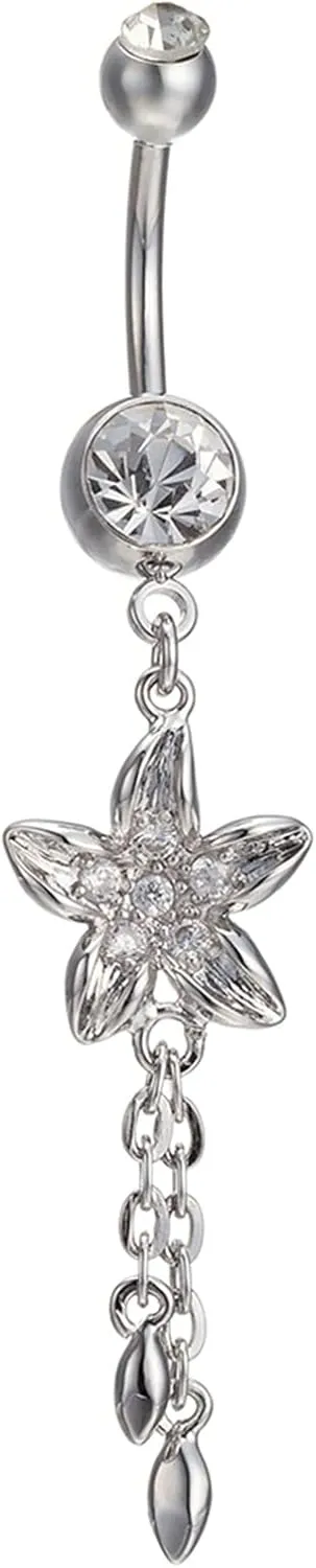 14 Gauge Belly Button Rings Small Surgical Steel, Flower Dangle Silver Titanium Belly Ring Cubic Zirconia Unique Navel Rings for Women
