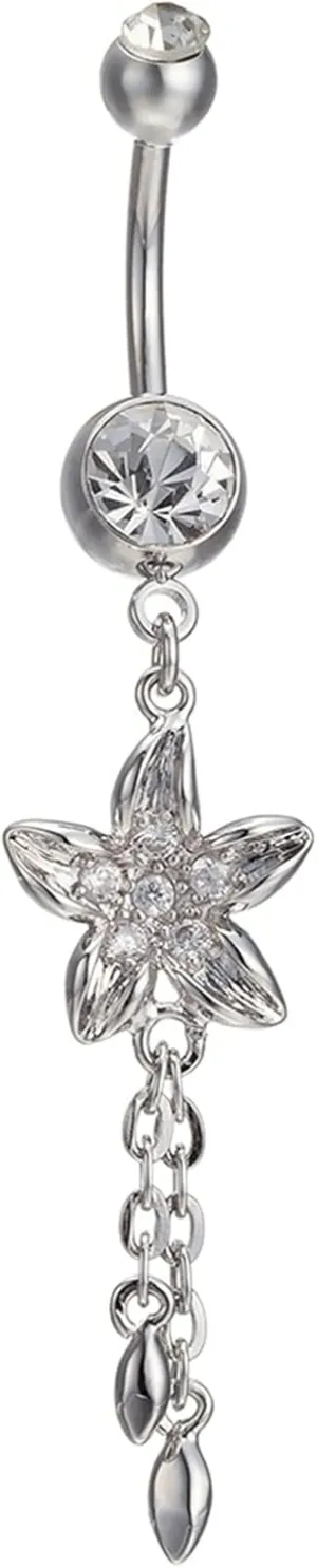 14 Gauge Belly Button Rings Small Surgical Steel, Flower Dangle Silver Titanium Belly Ring Cubic Zirconia Unique Navel Rings for Women