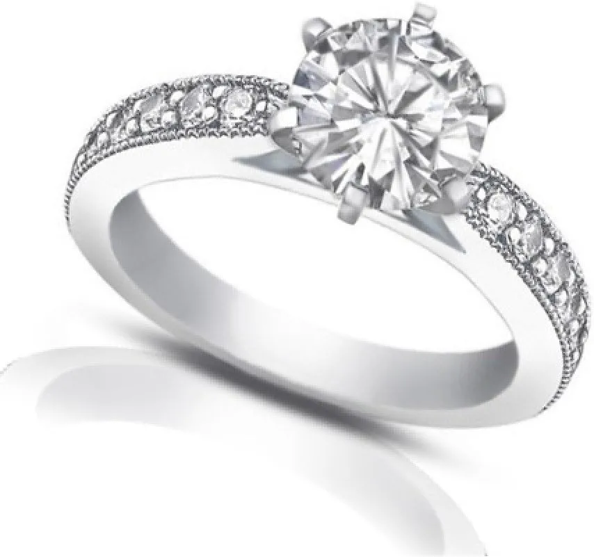 1.40 ct Round Cut Diamond Engagement Ring Whit Millgrain on The Shank in Platinum