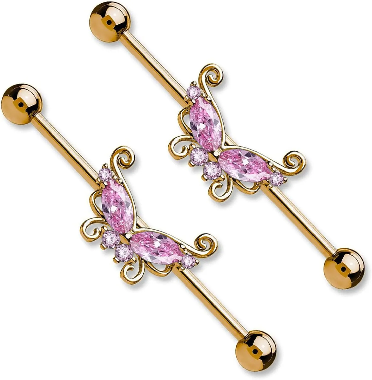 14G Stainless Steel Industrial Barbell Earrings Long Bar Butterfly Industrial Piercing Jewelry for Women Mens Cartilage Body Retainer 2Pcs