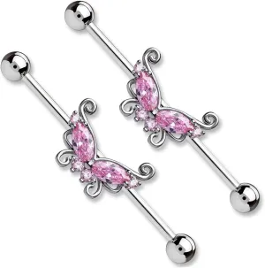 14G Stainless Steel Industrial Barbell Earrings Long Bar Butterfly Industrial Piercing Jewelry for Women Mens Cartilage Body Retainer 2Pcs