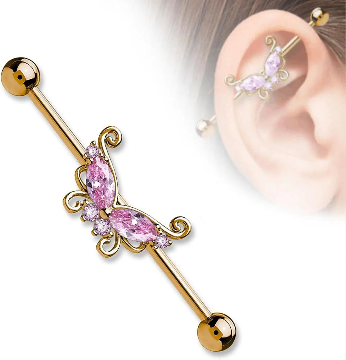 14G Stainless Steel Industrial Barbell Earrings Long Bar Butterfly Industrial Piercing Jewelry for Women Mens Cartilage Body Retainer 2Pcs