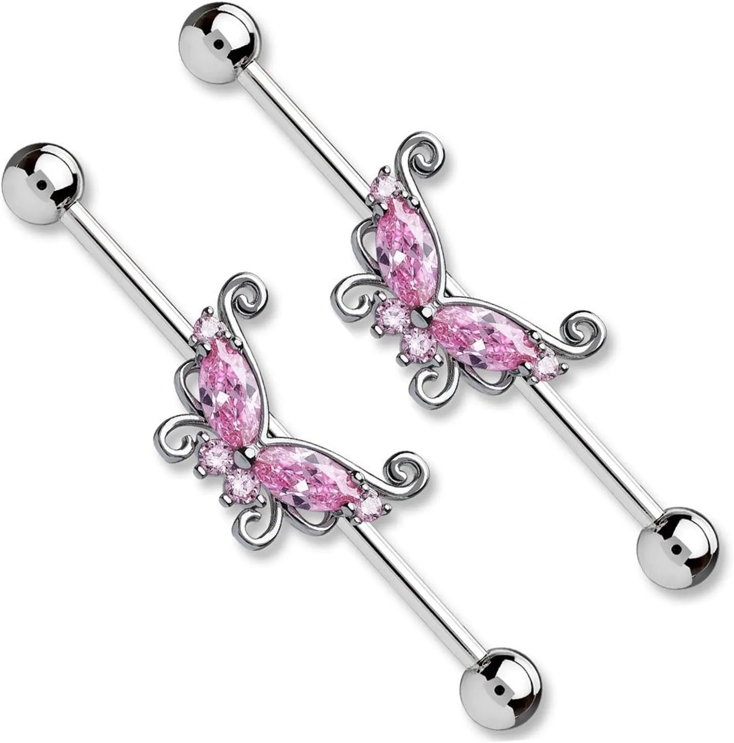 14G Stainless Steel Industrial Barbell Earrings Long Bar Butterfly Industrial Piercing Jewelry for Women Mens Cartilage Body Retainer 2Pcs