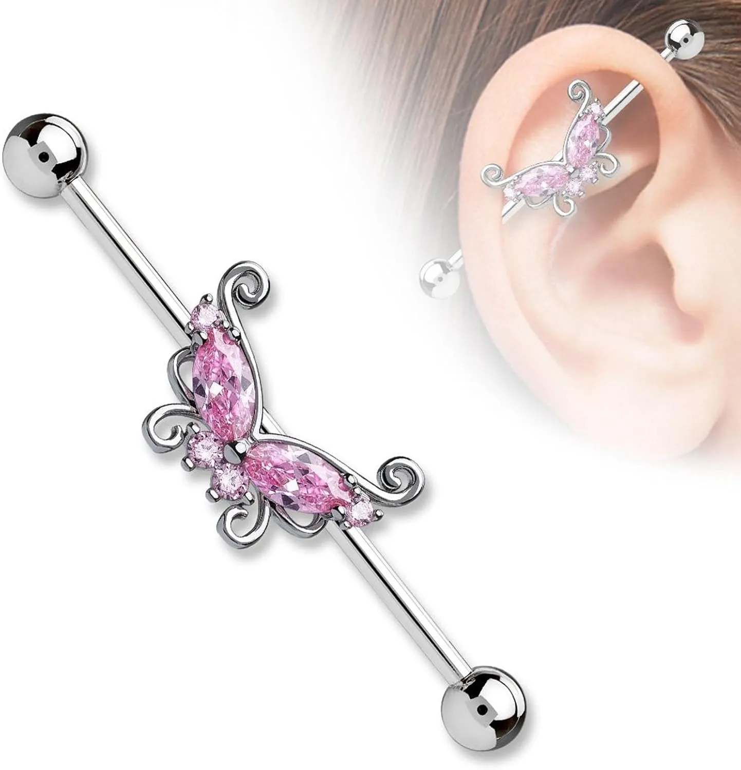 14G Stainless Steel Industrial Barbell Earrings Long Bar Butterfly Industrial Piercing Jewelry for Women Mens Cartilage Body Retainer 2Pcs