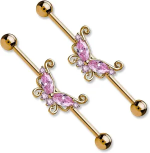 14G Stainless Steel Industrial Barbell Earrings Long Bar Butterfly Industrial Piercing Jewelry for Women Mens Cartilage Body Retainer 2Pcs