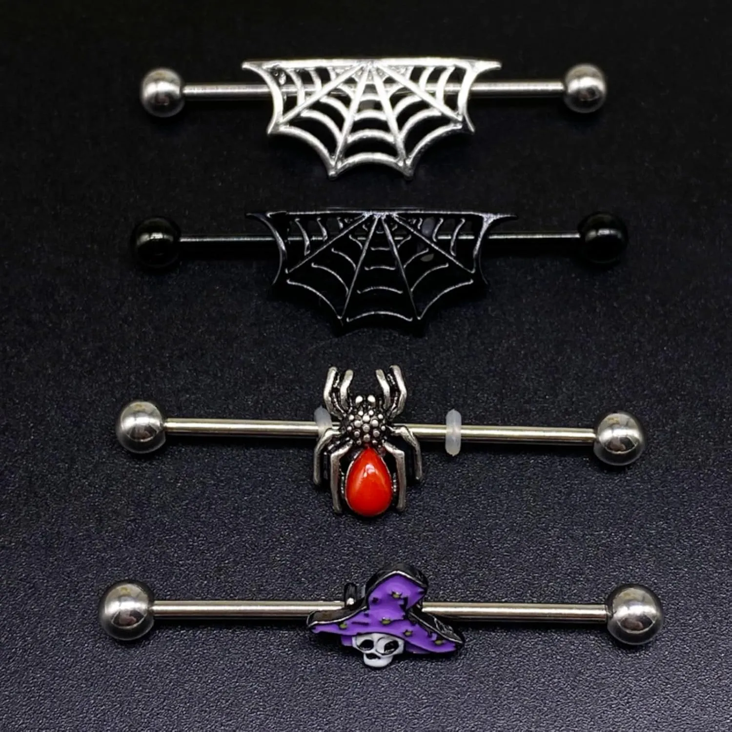 14G Stainless Steel Industrial Barbell Earrings Long Bar Spider Web Black Industrial Piercing Jewelry for Women Mens Cartilage Body Retainer