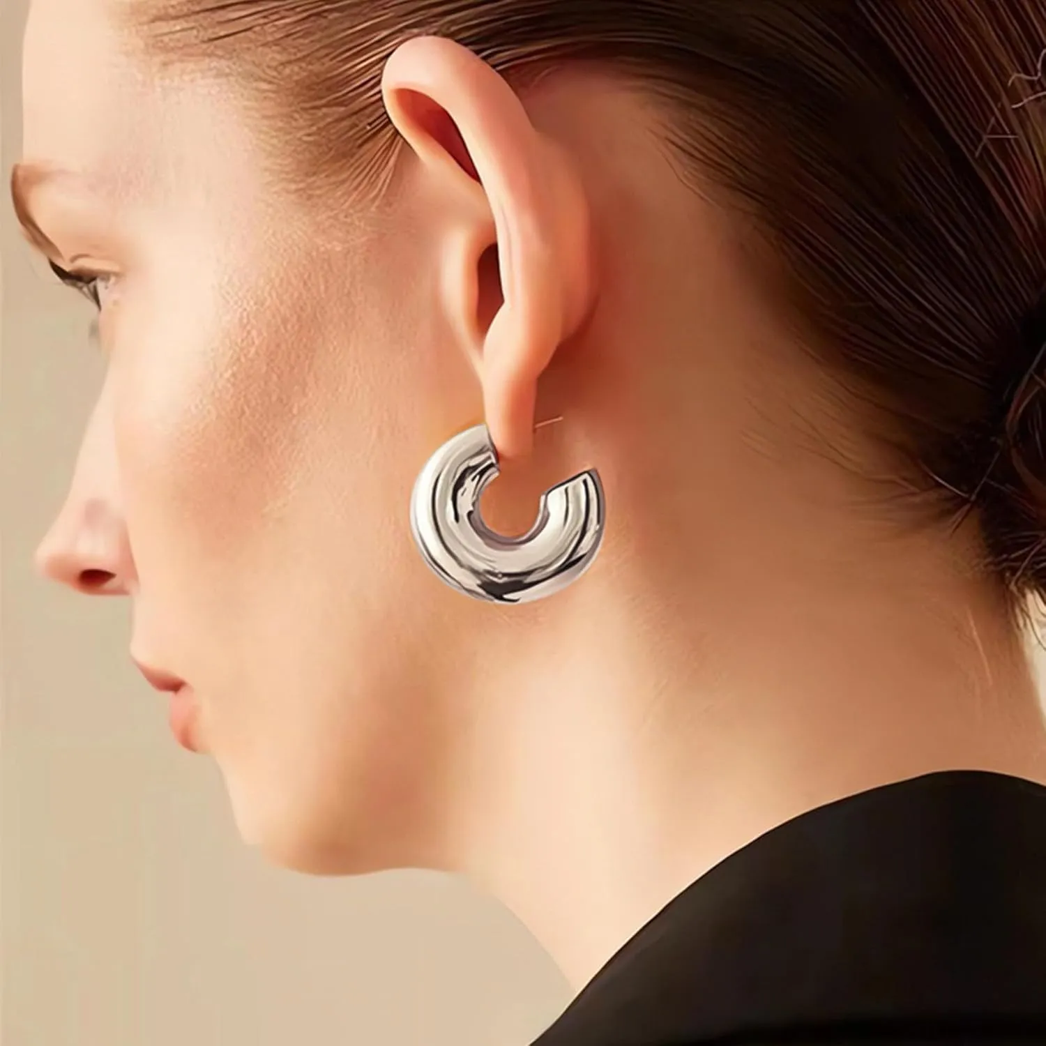 14K Gold Plated Chunky Hoop Earrings & Ear Cuff Set, No Piercing Open Hoops, Lightweight Stainless Steel Hollow Jewelry for Women