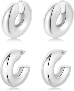 14K Gold Plated Chunky Hoop Earrings & Ear Cuff Set, No Piercing Open Hoops, Lightweight Stainless Steel Hollow Jewelry for Women
