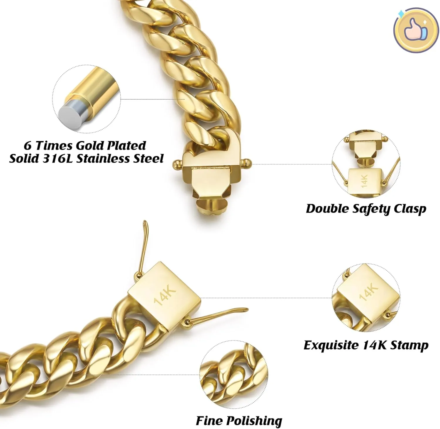 14K Gold Plated Cuban Link Chain for Men, 12MM 316L Stainless Steel Necklace, Gift for Birtday Holiday(Delicate Packing, Double Safety Clasp)