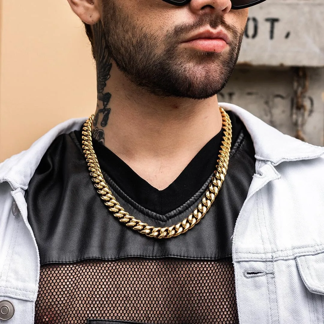 14K Gold Plated Cuban Link Chain for Men, 12MM 316L Stainless Steel Necklace, Gift for Birtday Holiday(Delicate Packing, Double Safety Clasp)