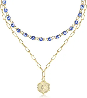 14K Gold Plated Initial Necklaces For Women Men Evil Eye Choker Layered Necklace Dainty Paperclip Chain Letter Necklace Set Alphabet A-Z Simple Hexagon Pendant Initial Jewelry