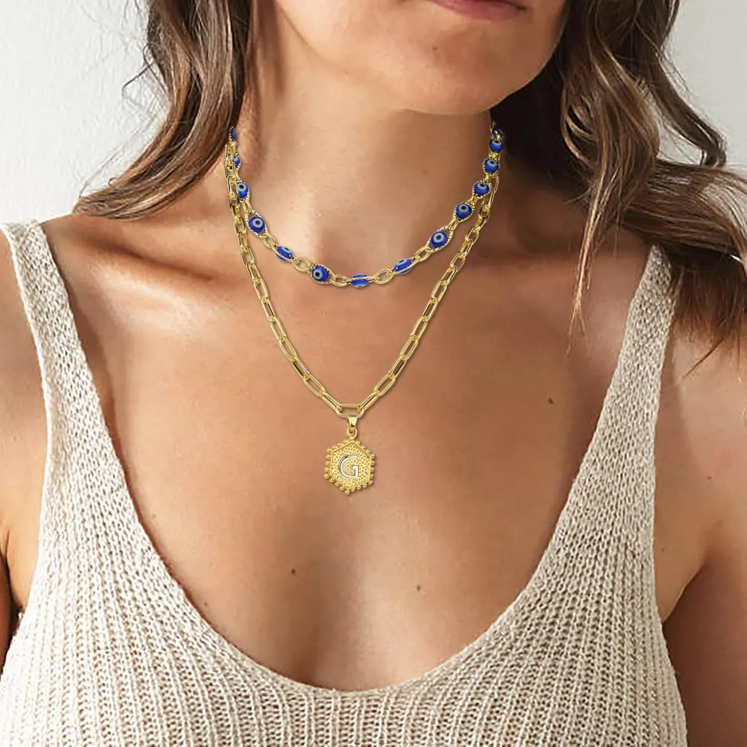 14K Gold Plated Initial Necklaces For Women Men Evil Eye Choker Layered Necklace Dainty Paperclip Chain Letter Necklace Set Alphabet A-Z Simple Hexagon Pendant Initial Jewelry