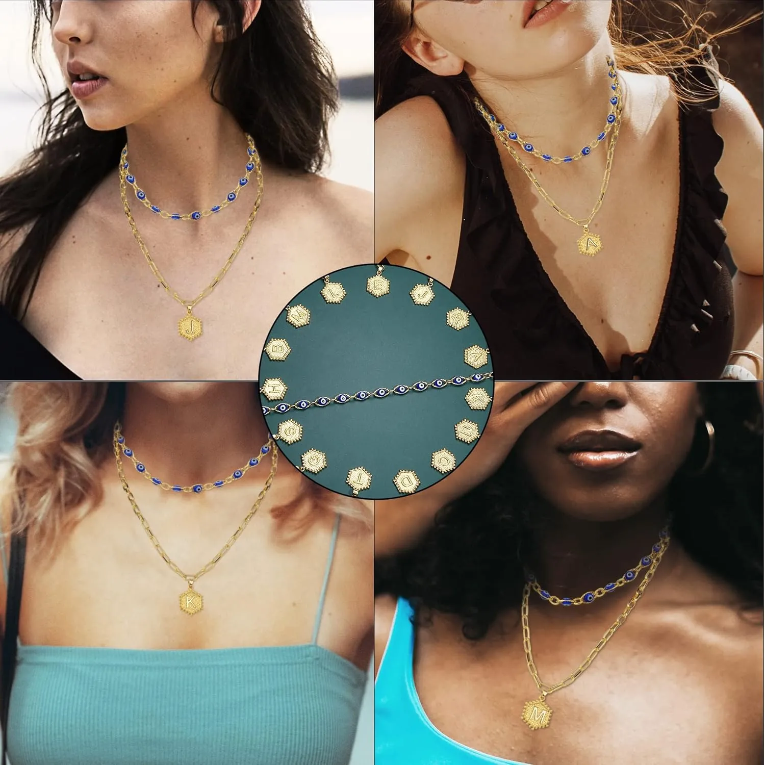 14K Gold Plated Initial Necklaces For Women Men Evil Eye Choker Layered Necklace Dainty Paperclip Chain Letter Necklace Set Alphabet A-Z Simple Hexagon Pendant Initial Jewelry