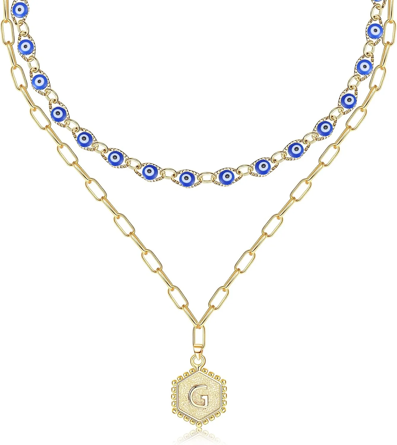 14K Gold Plated Initial Necklaces For Women Men Evil Eye Choker Layered Necklace Dainty Paperclip Chain Letter Necklace Set Alphabet A-Z Simple Hexagon Pendant Initial Jewelry