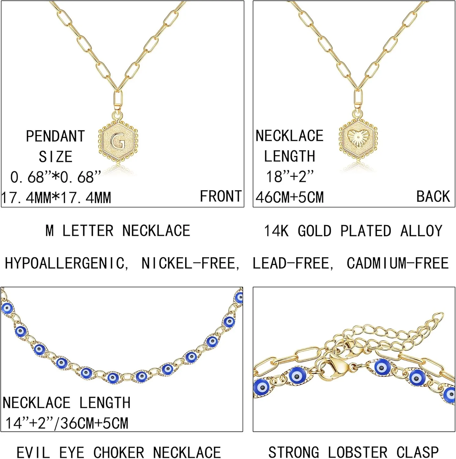 14K Gold Plated Initial Necklaces For Women Men Evil Eye Choker Layered Necklace Dainty Paperclip Chain Letter Necklace Set Alphabet A-Z Simple Hexagon Pendant Initial Jewelry