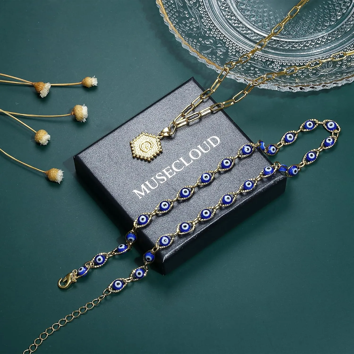 14K Gold Plated Initial Necklaces For Women Men Evil Eye Choker Layered Necklace Dainty Paperclip Chain Letter Necklace Set Alphabet A-Z Simple Hexagon Pendant Initial Jewelry
