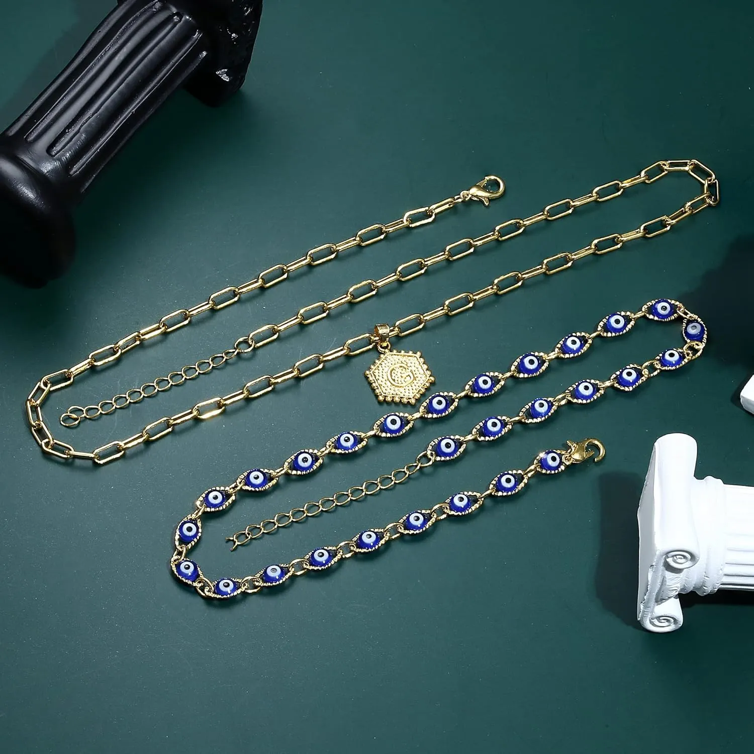 14K Gold Plated Initial Necklaces For Women Men Evil Eye Choker Layered Necklace Dainty Paperclip Chain Letter Necklace Set Alphabet A-Z Simple Hexagon Pendant Initial Jewelry