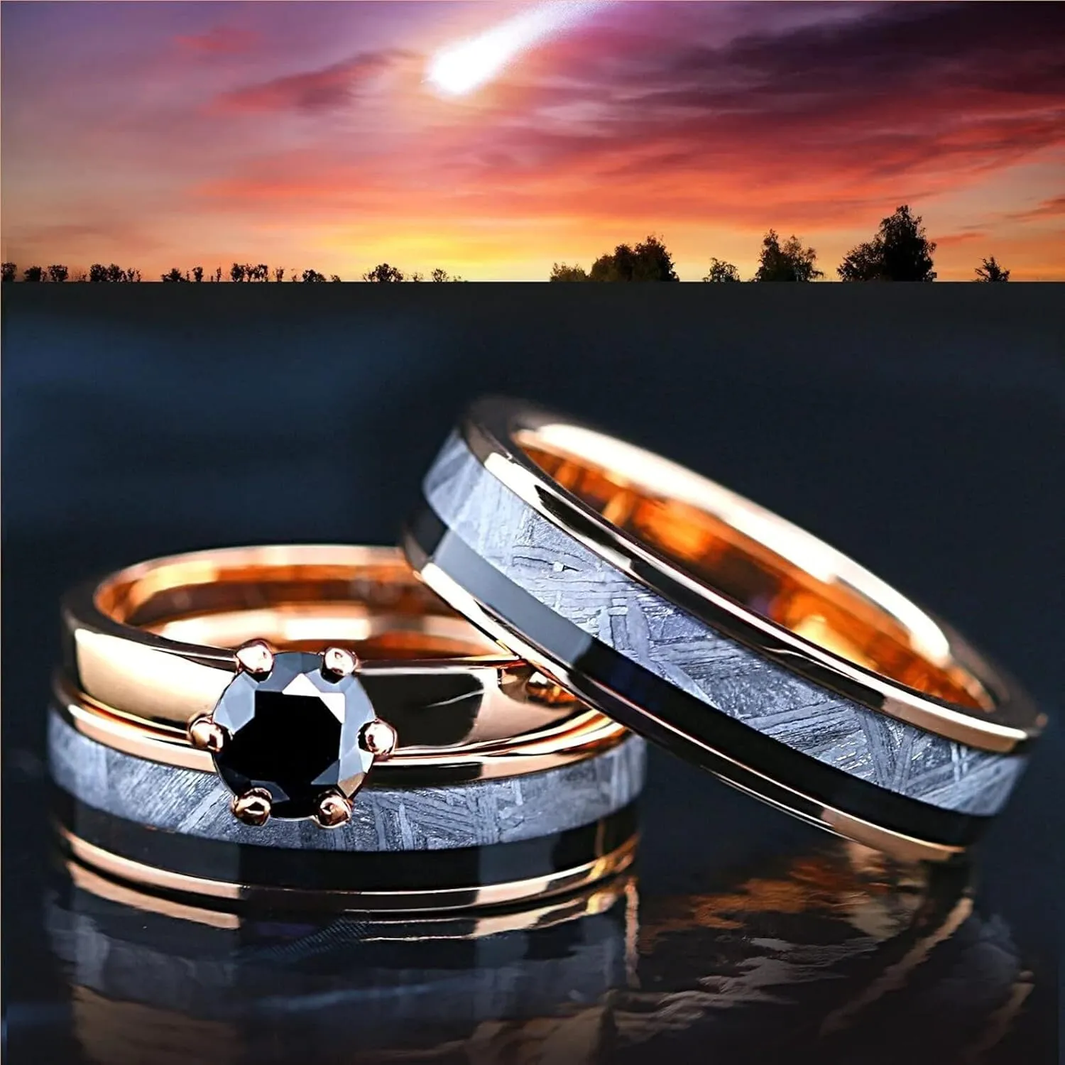 14K Gold Plated Ring 6mm Wedding Band Set for Him and Her  Luxurious 3-Pc Promise Rings for Couples  Spinel Gemstone Ring Set with Real Muonionalusta Meteorite & Black Wood Inlay