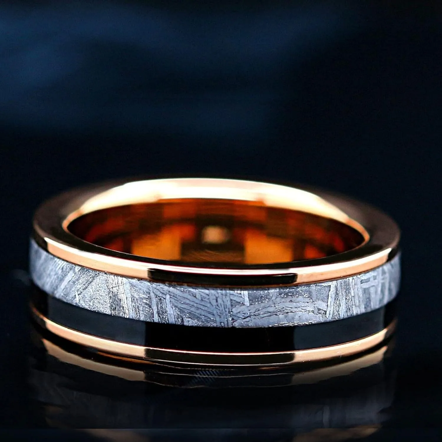 14K Gold Plated Ring 6mm Wedding Band Set for Him and Her  Luxurious 3-Pc Promise Rings for Couples  Spinel Gemstone Ring Set with Real Muonionalusta Meteorite & Black Wood Inlay