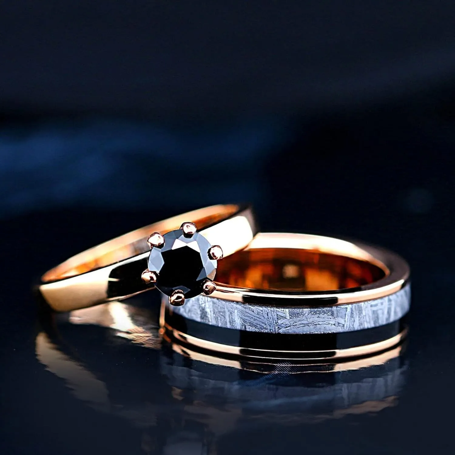 14K Gold Plated Ring 6mm Wedding Band Set for Him and Her  Luxurious 3-Pc Promise Rings for Couples  Spinel Gemstone Ring Set with Real Muonionalusta Meteorite & Black Wood Inlay