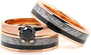 14K Gold Plated Ring 6mm Wedding Band Set for Him and Her  Luxurious 3-Pc Promise Rings for Couples  Spinel Gemstone Ring Set with Real Muonionalusta Meteorite & Black Wood Inlay