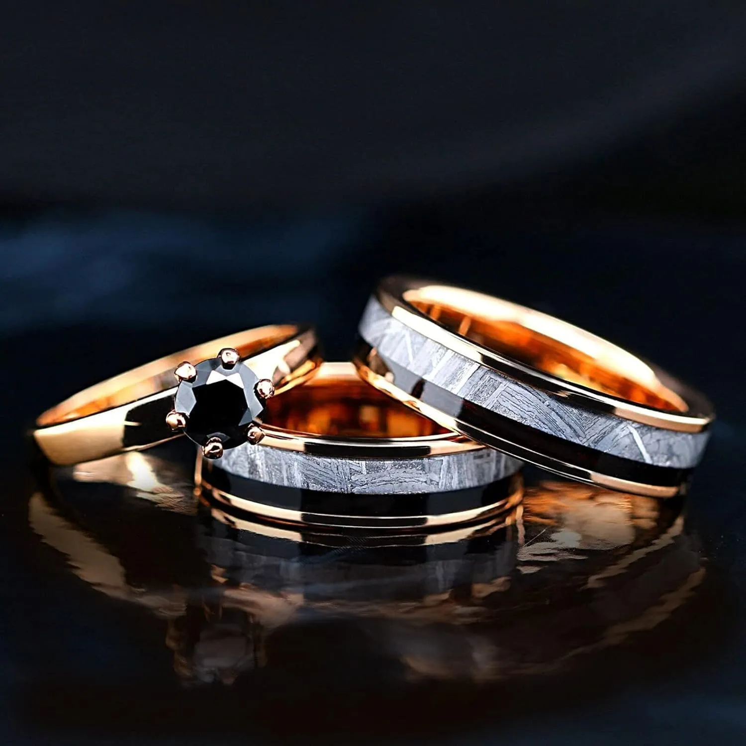 14K Gold Plated Ring 6mm Wedding Band Set for Him and Her  Luxurious 3-Pc Promise Rings for Couples  Spinel Gemstone Ring Set with Real Muonionalusta Meteorite & Black Wood Inlay