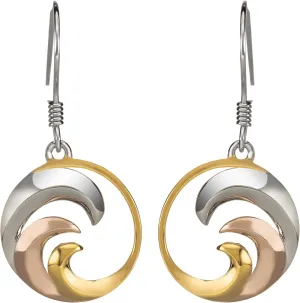 14K Gold Plated Tri-Color Sterling Silver Ocean Wave Dangle Earrings
