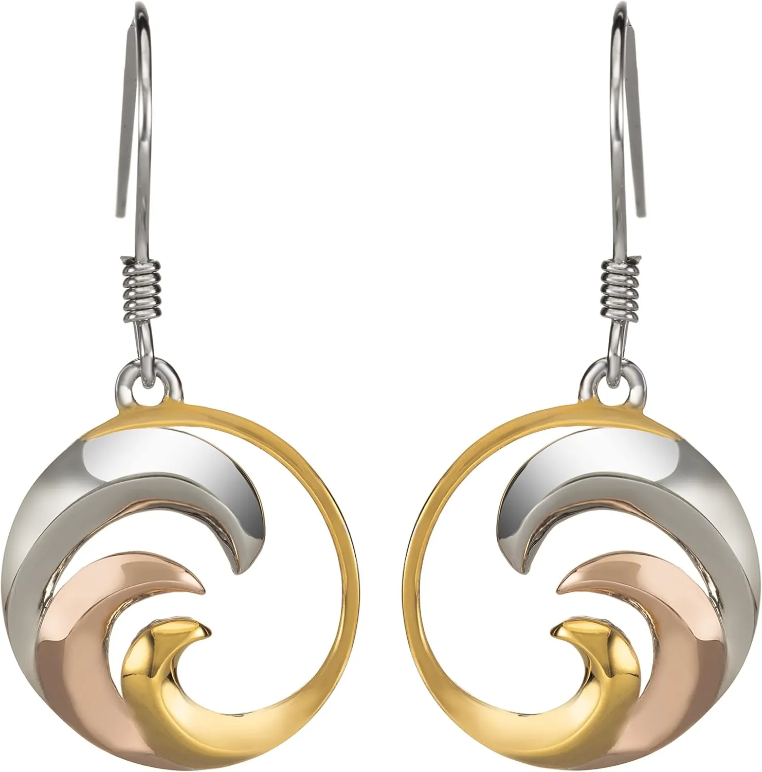 14K Gold Plated Tri-Color Sterling Silver Ocean Wave Dangle Earrings
