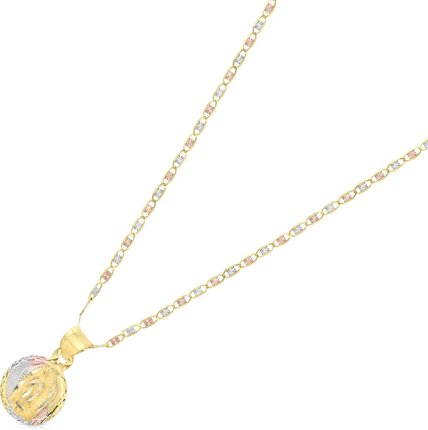14K Gold Virgin Mary Guadalupe Stamp Charm Pendant with 1.5mm Valentino Chain Necklace