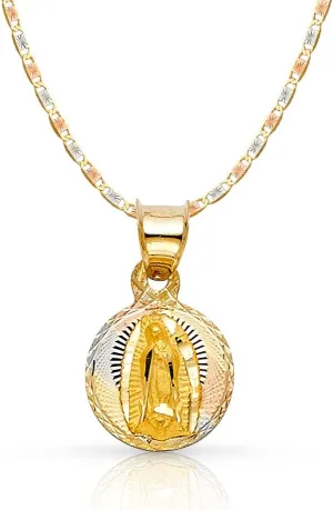 14K Gold Virgin Mary Guadalupe Stamp Charm Pendant with 1.5mm Valentino Chain Necklace