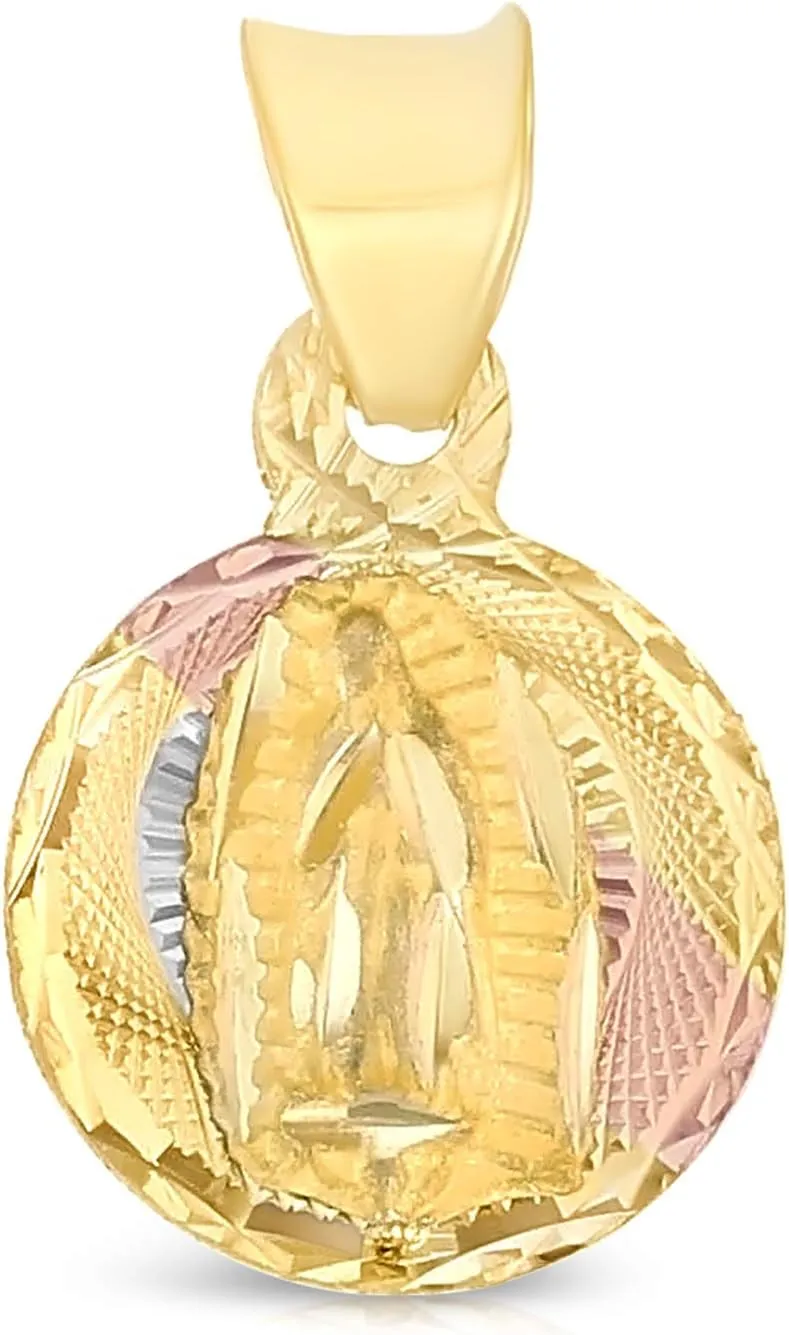 14K Gold Virgin Mary Guadalupe Stamp Charm Pendant with 1.5mm Valentino Chain Necklace