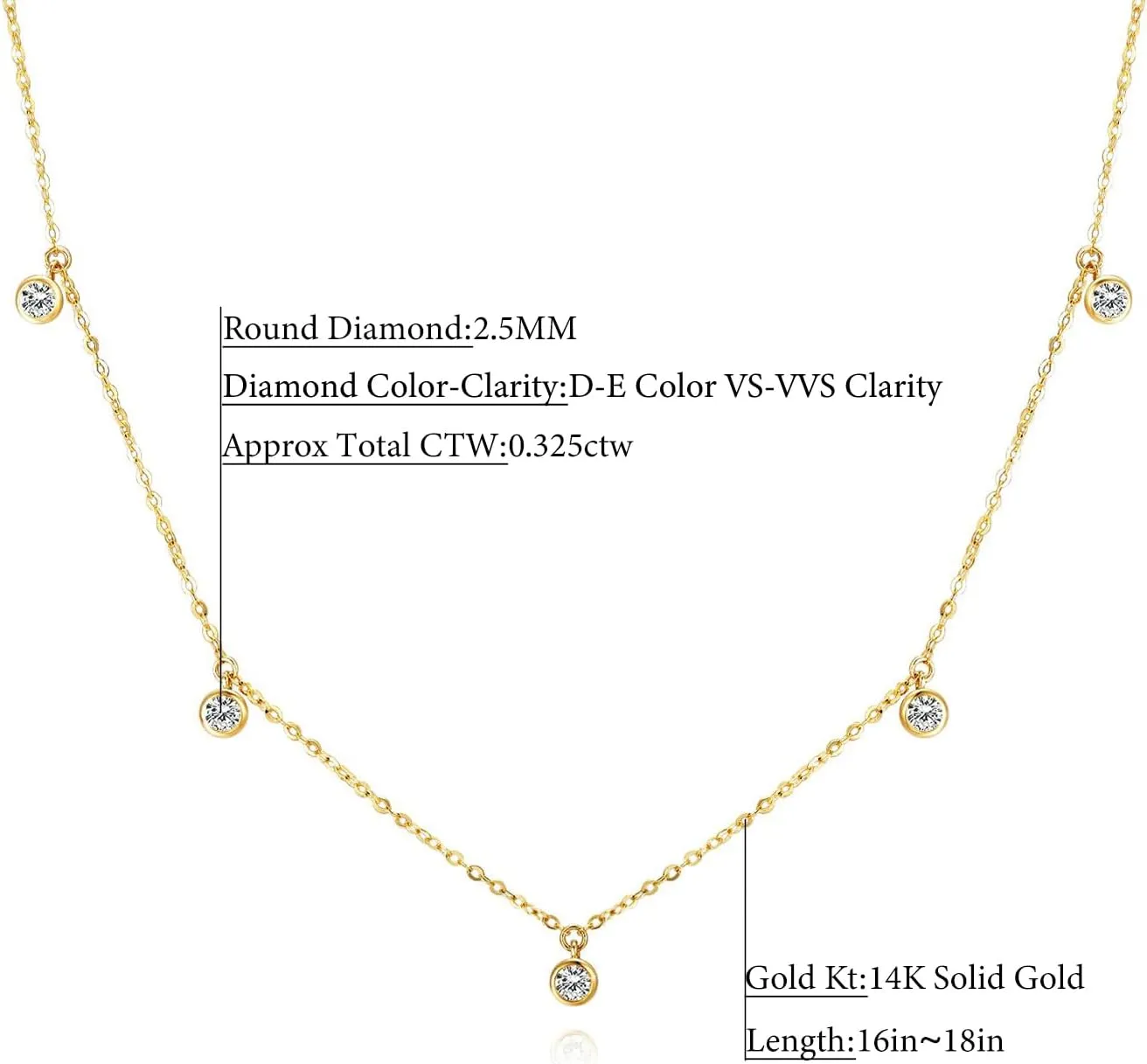 14k Solid Gold Diamond Solitaire Station Necklace Series,No fading, No allergies, Non gold-plating,Lab grown Diamond, DEF VS~VVS,Lobster buckle