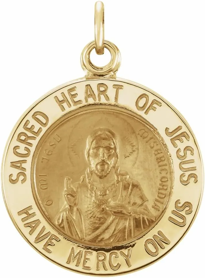14k Yellow Gold 15mm Round Shape Sacred Heart of Jesus Saint Medal Religious Pendant Fine Jewelry for Women Gifts for Her