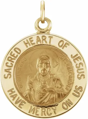 14k Yellow Gold 15mm Round Shape Sacred Heart of Jesus Saint Medal Religious Pendant Fine Jewelry for Women Gifts for Her