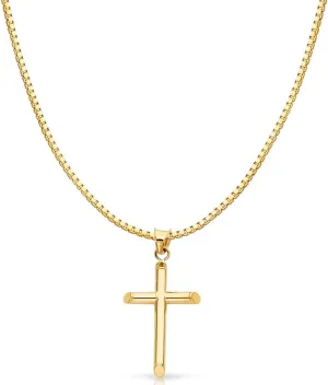 14K Yellow Gold Classic Cross Religious Charm Pendant with 0.8mm Box Chain Necklace