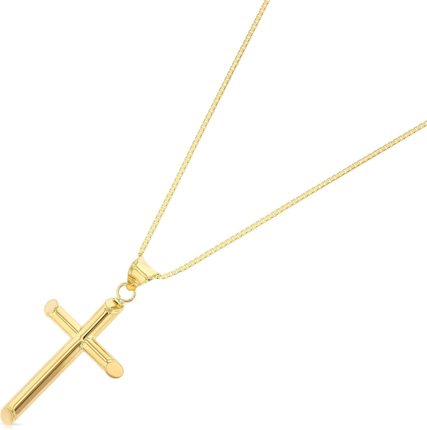 14K Yellow Gold Classic Cross Religious Charm Pendant with 0.8mm Box Chain Necklace