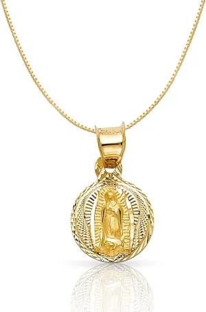 14K Yellow Gold Diamond Cut Our Lady of Guadalupe Stamp Religious Charm Pendant with 0.5mm Box Chain Necklace