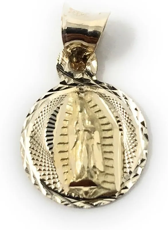 14K Yellow Gold Diamond Cut Our Lady of Guadalupe Stamp Religious Charm Pendant with 0.5mm Box Chain Necklace