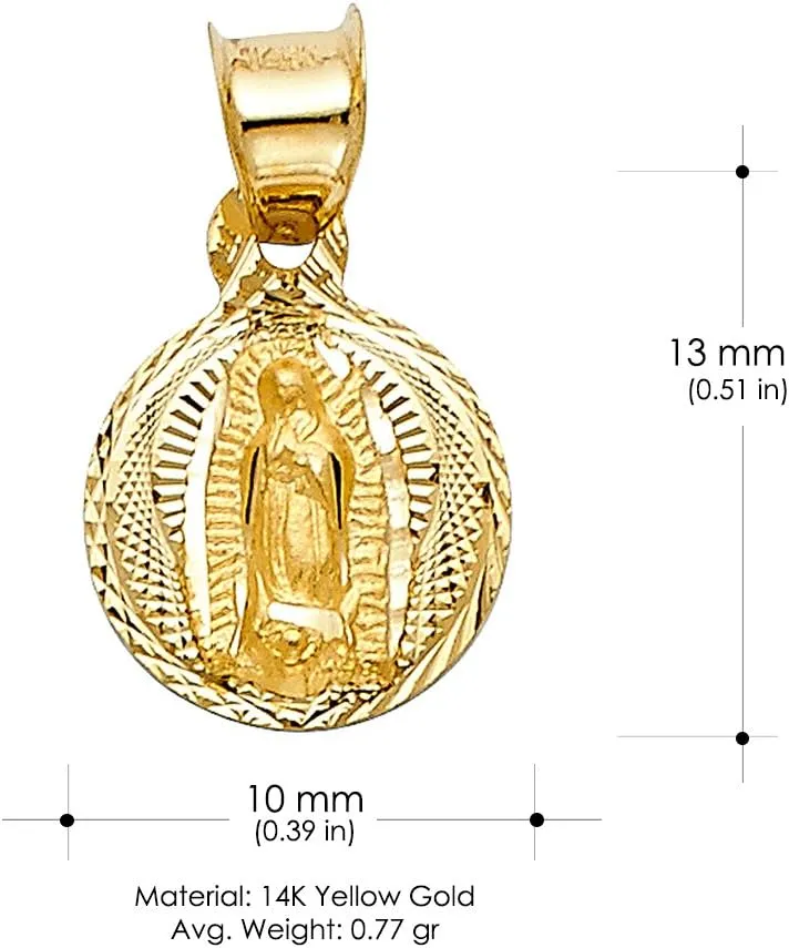 14K Yellow Gold Diamond Cut Our Lady of Guadalupe Stamp Religious Charm Pendant with 0.5mm Box Chain Necklace