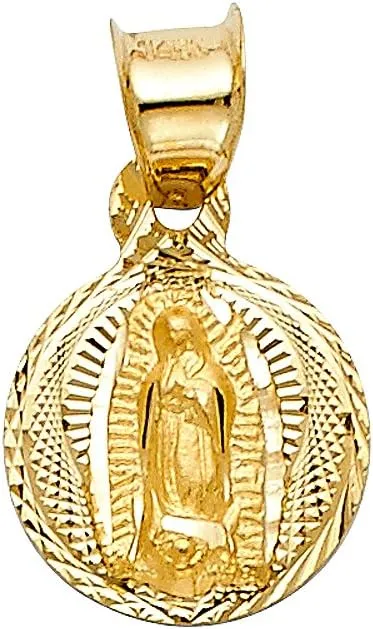 14K Yellow Gold Diamond Cut Our Lady of Guadalupe Stamp Religious Charm Pendant with 0.5mm Box Chain Necklace