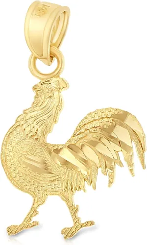 14K Yellow Gold Rooster Charm Tiny Pendant For Necklace or Chain