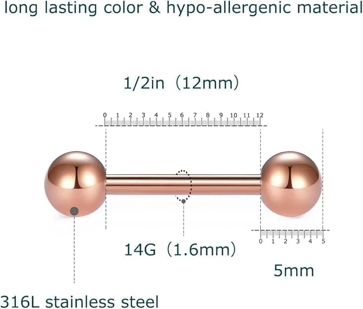 14pcs 14G 12-18mm Tongue Rings Nipple Straight Barbells Surgical Steel Body Piercing Jewelry