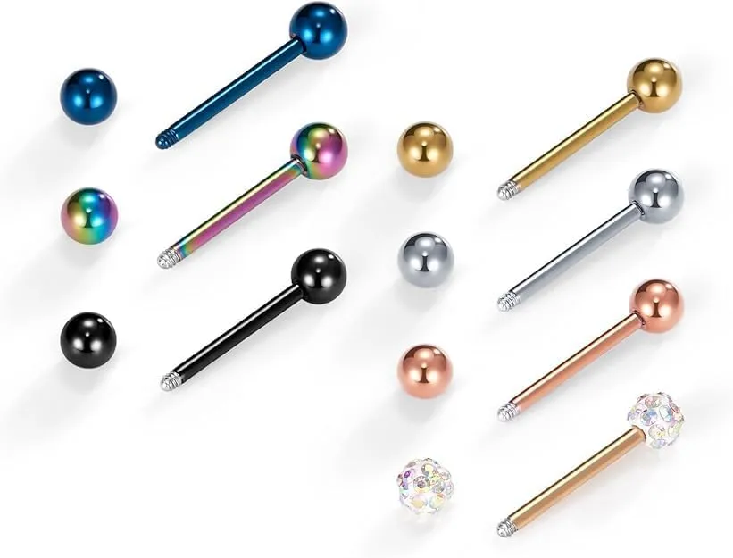 14pcs 14G 12-18mm Tongue Rings Nipple Straight Barbells Surgical Steel Body Piercing Jewelry