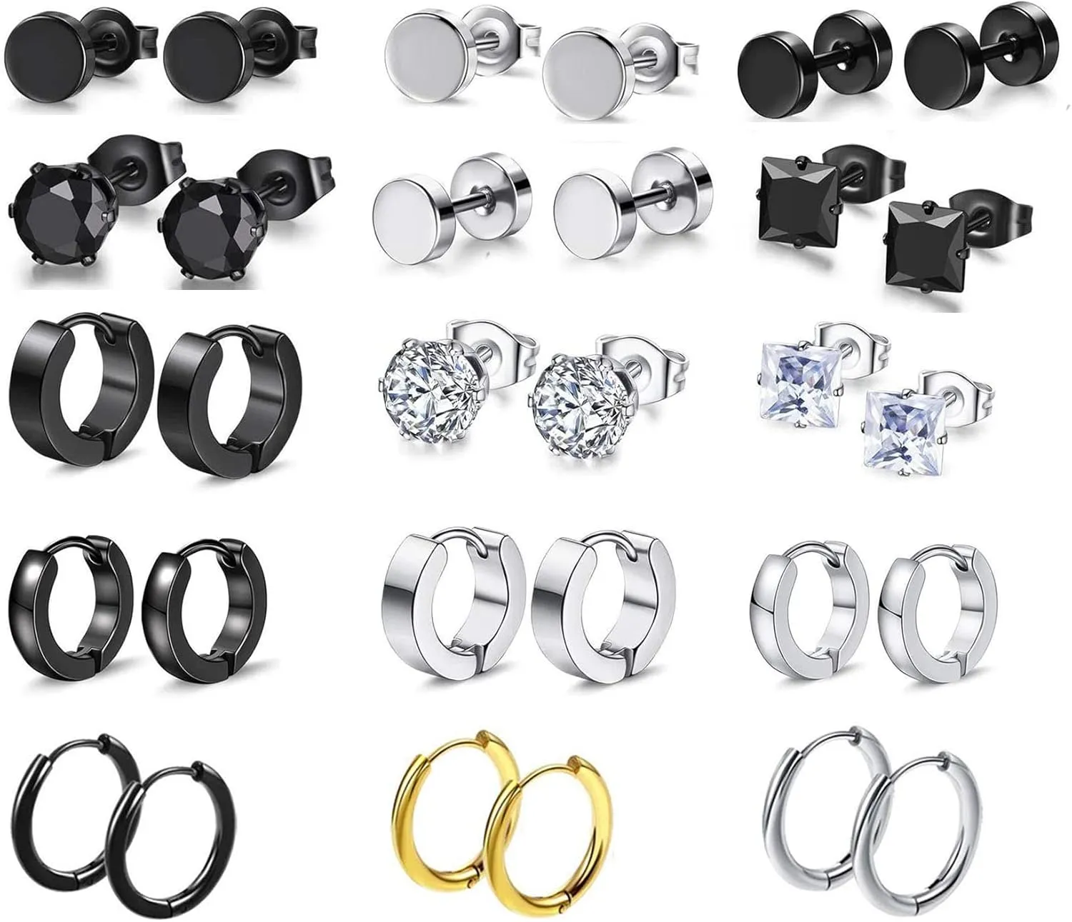 15 Pairs Black Earrings for Men,Stainless Steel Aretes de Hombre Mens Earrings Stud Set Aretes Para Hombre Male Earrings hoop Surgical Steel Ear Rings for Men Earrings Hypoallergenic